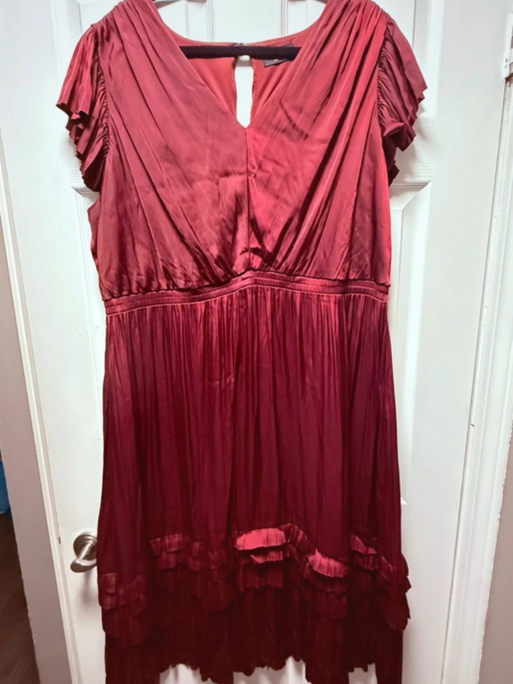 Lane Bryant Women’s Burgundy V-Neck Pleated Midi Dress with Ruffle Hem